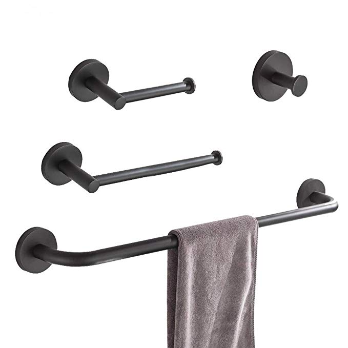 WINCASE 4 Pieces Black Bathroom Accessory Sets All Stainless Steel Construction Solid Wall Mounted Robe Hook Towel Ring Paper Holder Towel Bar