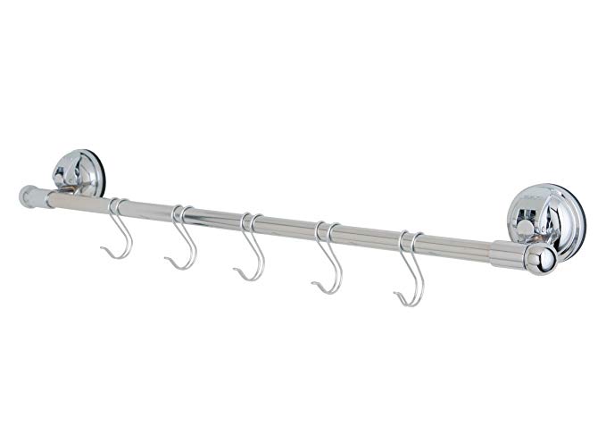 FECA FE-K1015 No Drill Stainless Steel Towel bar Rack with 5 Hooks For Kitchen Utensils Hanger Heavy Duty Chrome Suction Wall Mount,