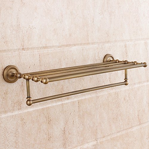 Ollypulse Solid Brass Wall Mount Bathroom Bath Accessory Towel Shelf Rack, Antique Brass Finish