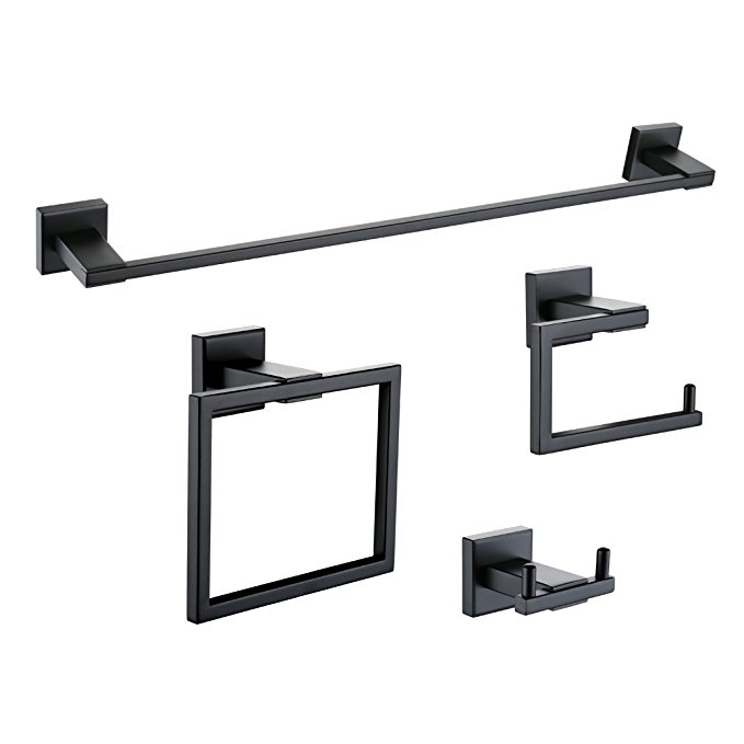 Kes 4-Piece Bathroom Accessory Set Towel Bar Toilet Paper Holder Towel Ring and Robe Hook Matt Black Wall Mount SUS 304 Stainless Steel, LA24BK-42