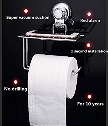 FUNJIA Super Vacuum Suction Cup Toilet Paper Holder with Mobile Phone Storage Shelf, Tissue Roll Hanger for kitchen & bathroom - Wall Mount Contemporary Style - Chrome