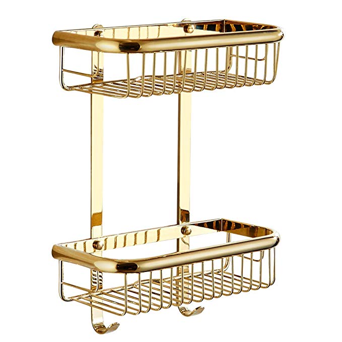 BAIANLE Bathroom Double Layer Golden Storage Holder Shelves Kitchen Baskets for Storage Hanging Toilet Baskets for Closet Mounted Heavy Duty Modern