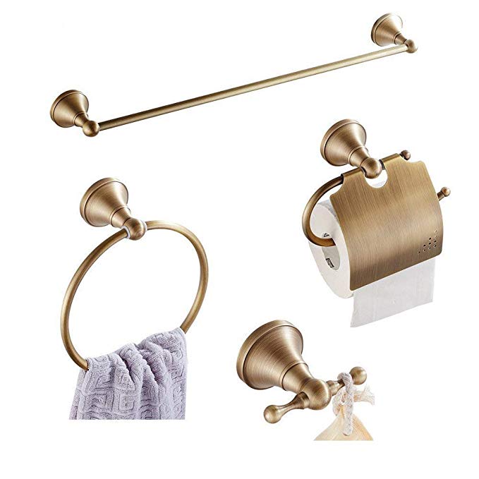 WINCASE Antique Brass Polished 4-Piece Bath Accessory Set，bathroom hardware set in Retro Eurpean Style Wall Mounted Towel Hanger Tissue Paper Holder Robe Hooks Wall Towel Rail