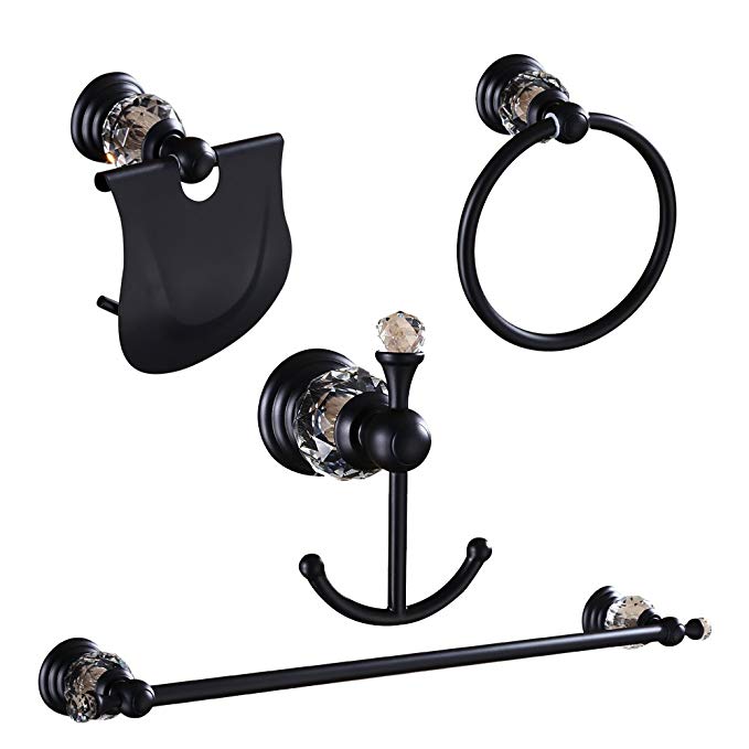 YUTU 4-Piece Antique Brass Black Bathroom Hardware Sets Wall Mounted (Towel Bar/Toilet Paper Holder/Towel Ring/Clothes Hook) HSJ05