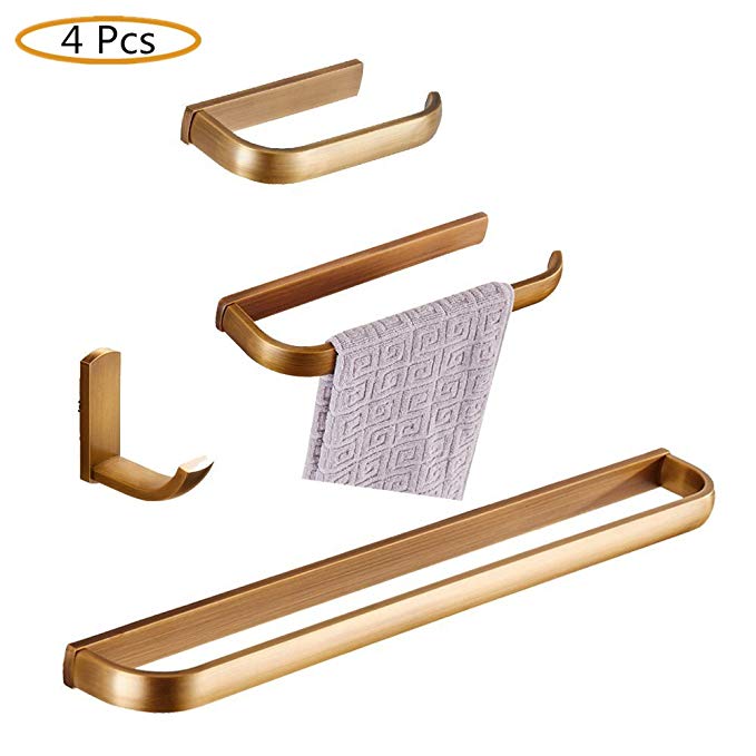 WINCASE 4 Pieces Bathroom Accessory Sets Antique Brass Construction Retro Style Wall Mounted Towel Bar Towel Ring Robe Hook Paper Holder