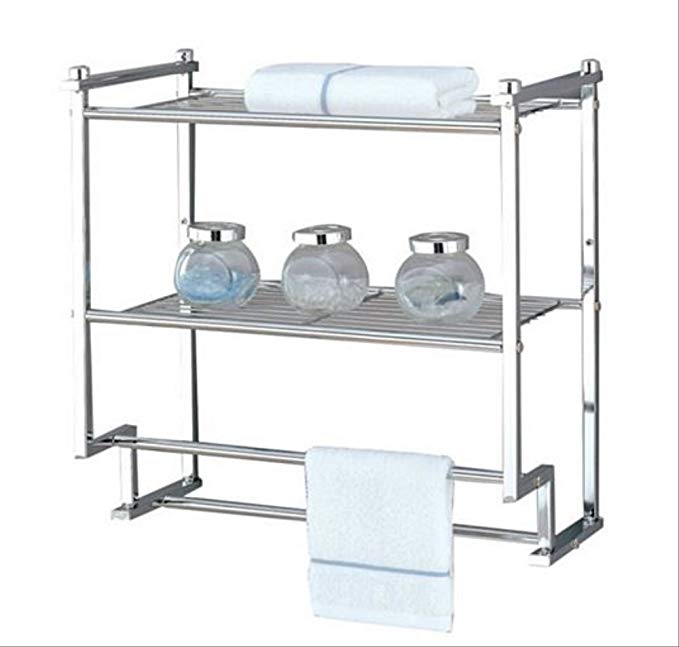 Wall Mounted Bathroom Towel Rack Double Bar Holder Twin Hanging Rods Two Shelves Storage Shelf Bath Hand