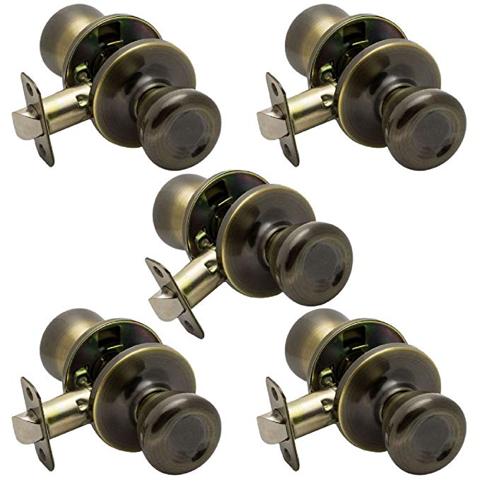 5 Pack Pro-Grade Classic Passage Hallway Closet Door Knobs Handles Antique Brass