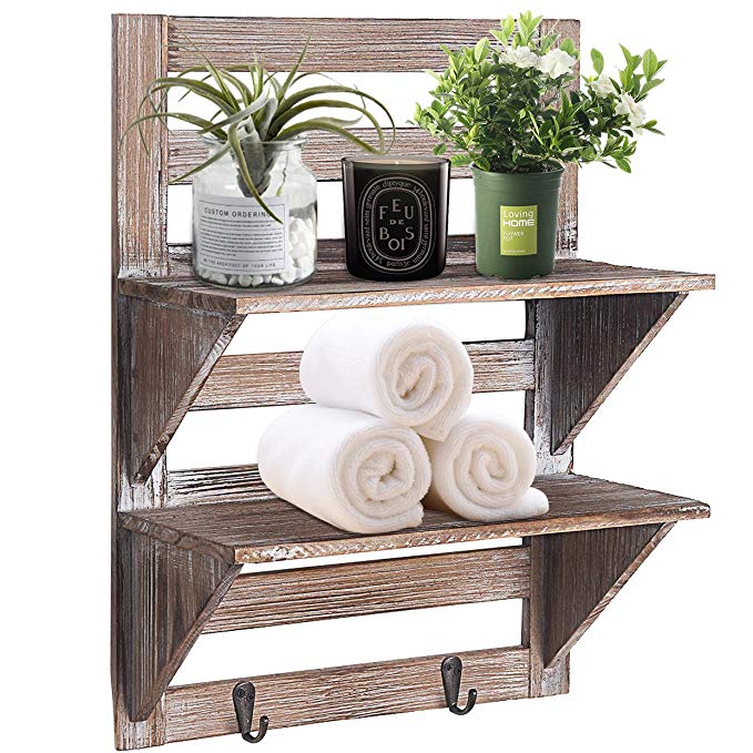 RHF Rustic Farmhouse Decor, Bathroom Shelves of Real Wood, Pallet Shelf, Wood Storage Shelving Rack-2 Tier, Bathroom Shelf & Bathroom Decor, Wall Mounted Wood Rack with 2 Hooks, Nails Included