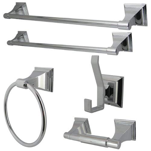 Kingston Brass BAHK61212478C 18-Inch and 24-Inch Towel Bar, 6-Inch Towel Ring, Toilet Paper Holder and Robe Hook Monarch Bathroom Accessories, 5-Piece in Set, Polished Chrome