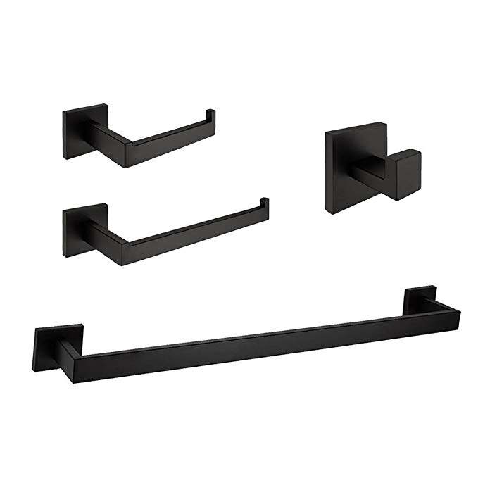 Aothpher 4 Piece Sets Wall Mounted Bathroom Accessories SUS 304 Stainless Steel Including Towel Bar Coat Robe Hook Toilet Paper Roll Holder Towel Ring Holder Contemporary Square Style, Matte Black