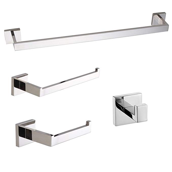 TURS Contemporary 4-Piece Bathroom Hardware Set Towel Hook Towel Bar Toilet Paper Holder Tower Holder, SUS 304 Stainless Steel Wall Mounted, Polished