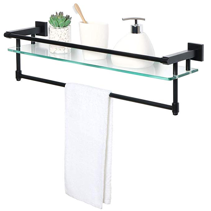 Alise GY9000-B Glass Shelf SUS 304 Stainless Steel Bathroom Shelf with Towel Bar/Rail Shower Towel Rack Wall Mount 25-Inch Length,Matte Black