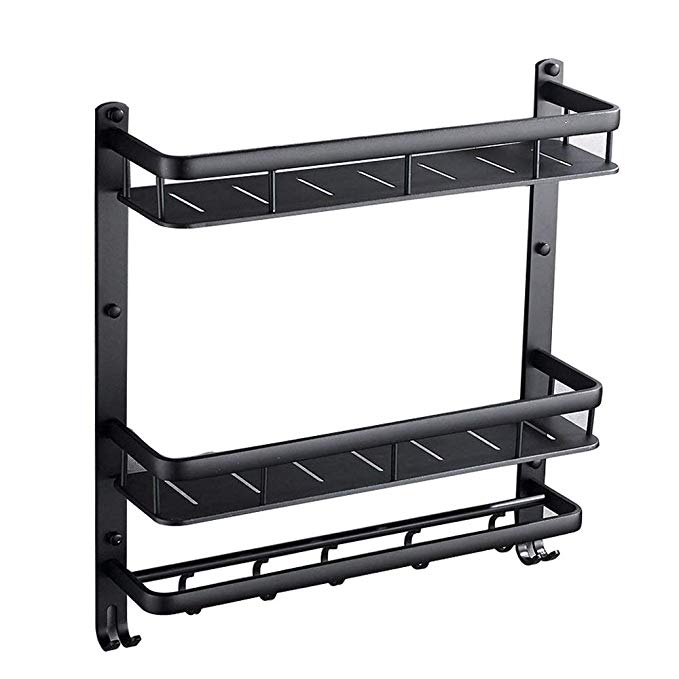 BESy Drill Free Aluminum Alloy Multi Function Bath Rack with Shower Towel Bar Bathroom 2-Tier Shelves and Cloth Towel Hook Wall Mounted Space Saving Organizer, Black Finish