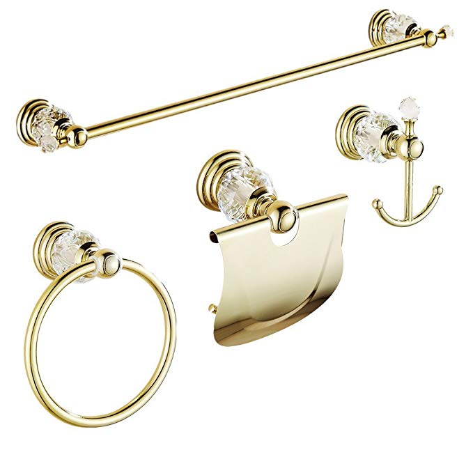 AUSWIND 4 Pieces Gold Polished Bathroom Accessories Sets Brass&Crystal Wall Mounted Bathroom Hardware Set (Towel Rack/ Paper Holder/ Towel Rings/ Hook)