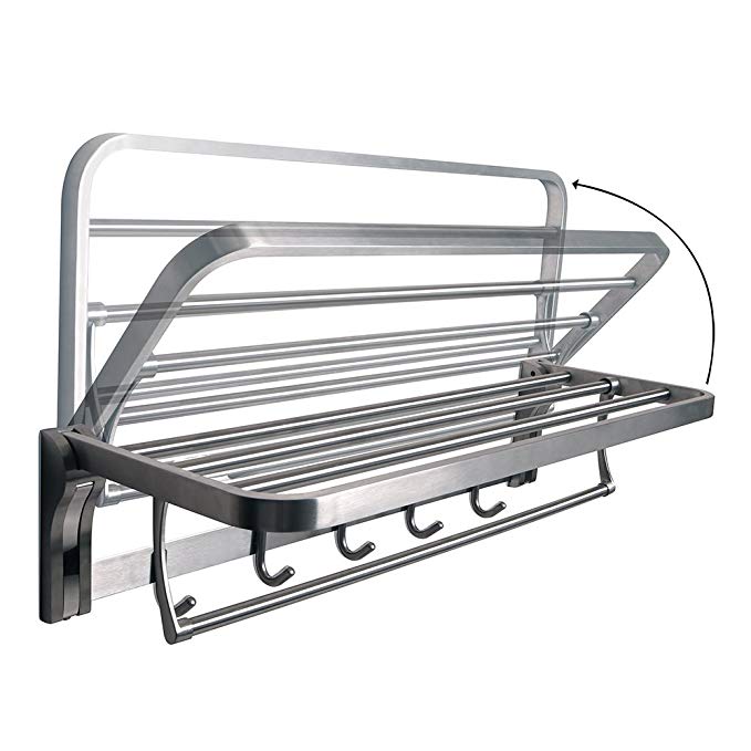 Alise Bathroom Towel Rack Folding Shelf with Swing Towel Bar and 5 Hooks Heavy Duty Wall Mount,SUS304 Stainless Steel Brushed Nickel