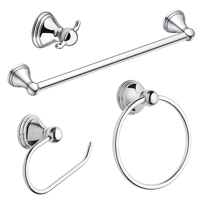 Moen Preston 4 piece Accessory Set DN8494CH Chrome Bathroom Towel Ring, Toilet Paper holder, Towel Bar and Robe Hook