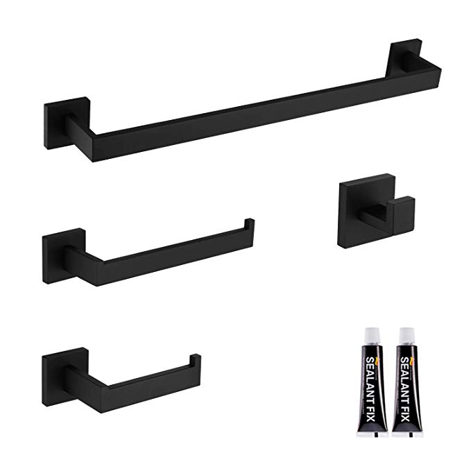 LuckIn 4 Piece Bathroom Hardware Set Stainless Steel, Wall Mounted Bath Towel Bar Holder Accessory Set, Towel Bar Toilet Paper Holder Towel Ring Robe Hook, Drilling or Free Drilling Mounting, Black