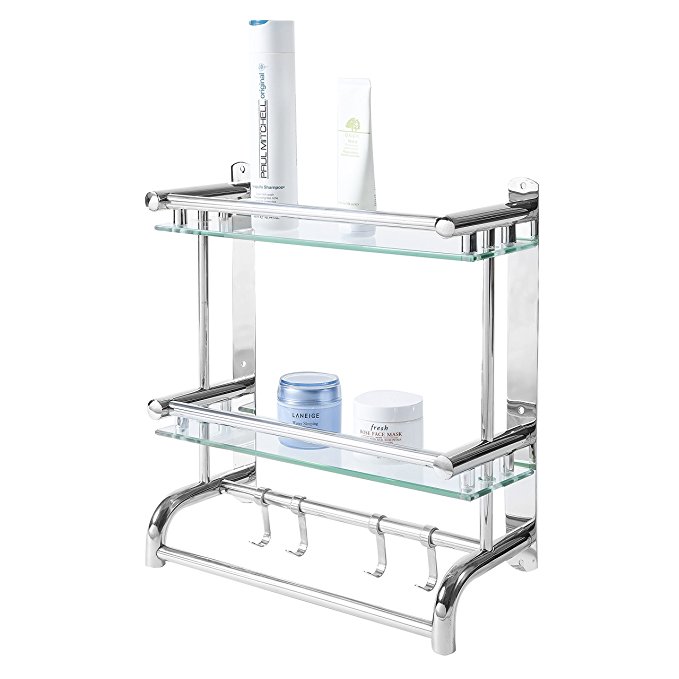 MyGift Wall Mounted Stainless Steel Bathroom Shelf Rack, 2 Tier Glass Shelves & 2 Towel Bars with Hooks