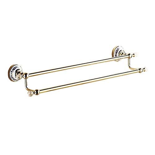 OWOFAN Brass Double Towel Bar Wall Mounted Bath Towel Holder Blue and White Porcelain&Crystal, WF-6302K (Gold)