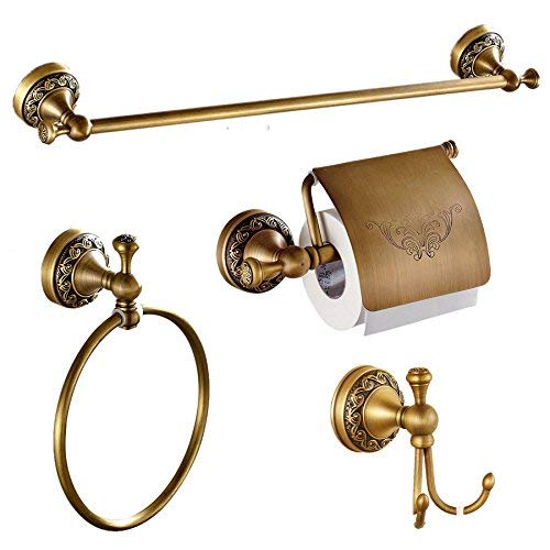 AUSWIND 4-Piece Antique Brass Wall Mounted Bathroom Hardware Set (Toilet Paper holder/ Robe Hook/ Towel Bar/ Towel Rings)