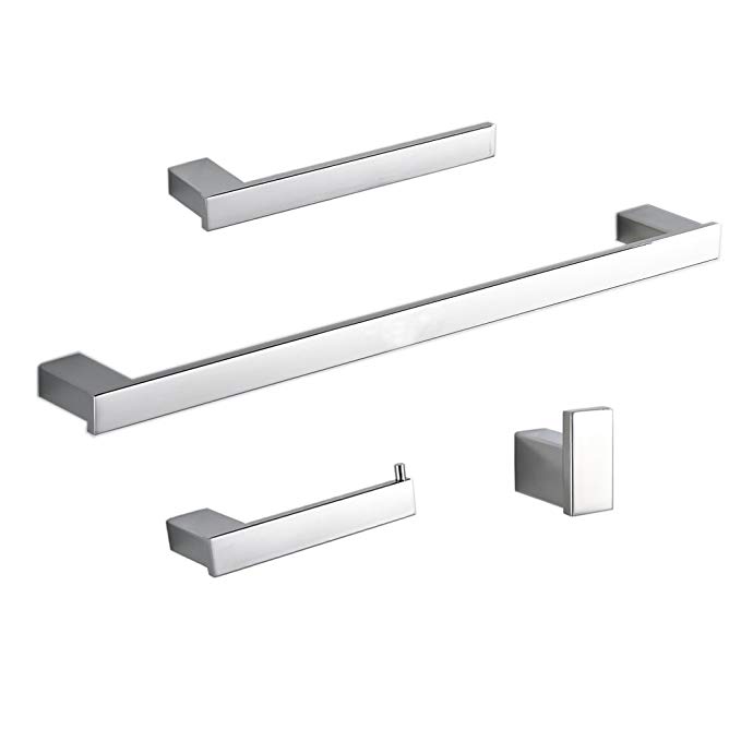 Beelee BA800SET1 SUS 304 Stainless Steel 4-Piece Bathroom Accessory Set RUSTPROOF Including Towel Bar Toilet Paper Holder Towel Ring Robe Hook Wall Mount Contemporary Square Style, Polish