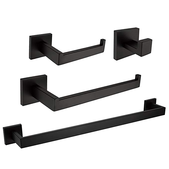 Leyden Modern 4-Pieces Bathroom Sets, Robe Hook Towel Bar Toilet Paper Holder Towel Ring Bathroom Hardware Accessory, Matte Black