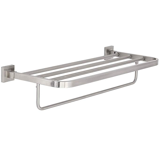 Modern Flat Brushed Nickel Towel Rack | Clean Lines & Premium Quality Stainless Steel Towel Shelf with Hanging Bar | Satin Finished Wall Mounted Contemporary Design | Bathroom or Closet