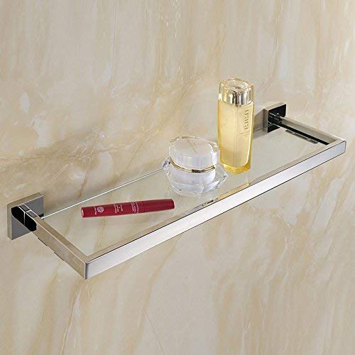 YUTU Q70 Contemporary Polished Chrome Square Cosmetic Shelf 304 Stainless Steel Bathroom Accessories Wall Mounted (Toilet Paper Holder/Towel Bar/Coat Hook/Towel Ring) (Glass Shelf)