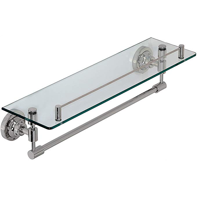 Classical Design Polished Chrome Glass Shelf | Premium Quality Stainless Steel Towel Shelf with Hanging Bar | Traditional Wall Mounted Fixture |  Bathroom Toiletries or Entrance Hall