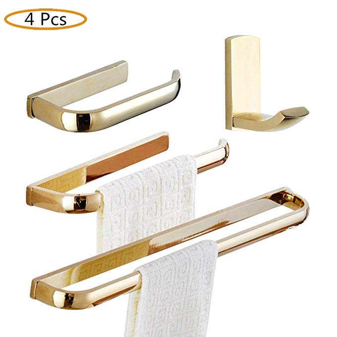 WINCASE 4 Pieces Polished Gold Bathroom Accessory Sets, Solid Brass Construction Wall Mounted Robe Hook Towel Bar Towel Ring Paper Holder