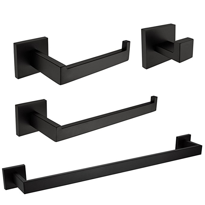 Velimax Premium Stainless Steel Bathroom Hardware Set Black 4 Pieces Bathroom Hardware Accessories Set Wall Mounted Towel Bar Towel Holder Hook Toilet Paper Holder, Matte Black