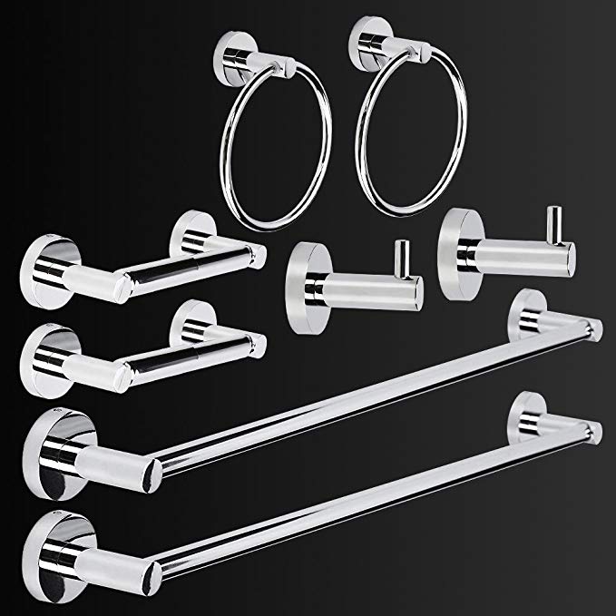 LUCKUP 8 Piece Bathroom Accessory Set, Towel Bar Set, Include 2 x 24”Towel Bar, 2 x Robe Hook, 2 x 6.6”Towel Ring 2 x7”Toilet Paper Holder, 304 Stainless Steel Wall Mounted,Polished Chrome