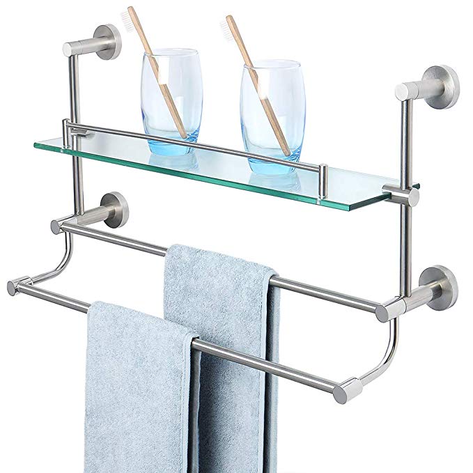 Alise Bathroom Shelf SUS 304 Stainless Steel Shower Glass Shelf with Double Towel Bar/Rail Towel Rack Wall Mount,Brushed Nickel GY9800