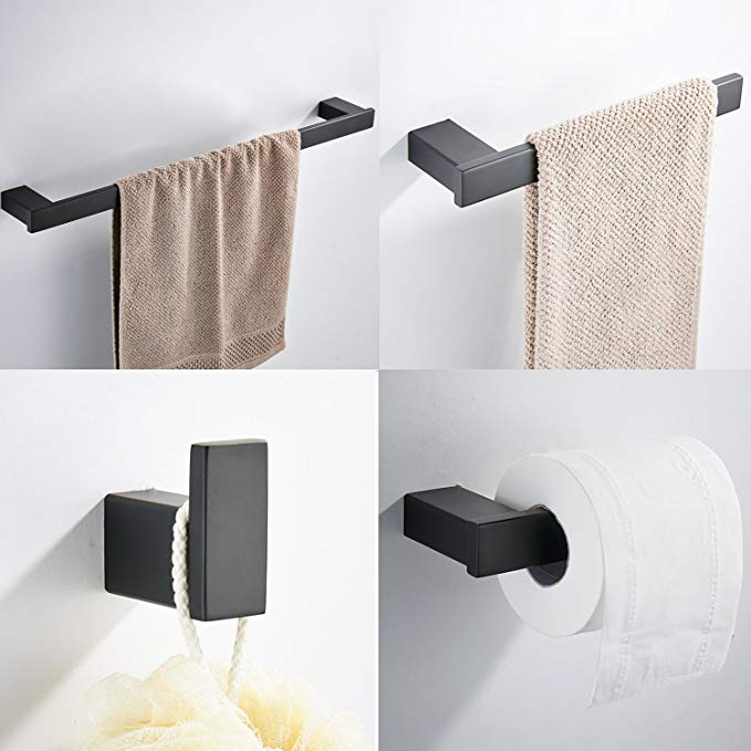 KOOLIFT Bathroom Square Towel Bar Holder Stainless Steel 4-Piece Bath Hardware Accessory Set with Towel Bar Toilet Paper Holder Towel Ring Robe Hook Wall Mount Hanger Rustproof Matte Black