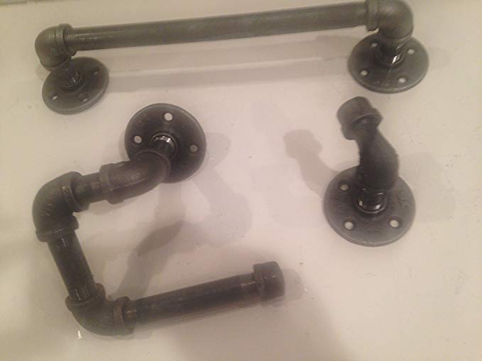 Complete bathroom set of Industrial black pipe with toilet paper holder,hook, and 14